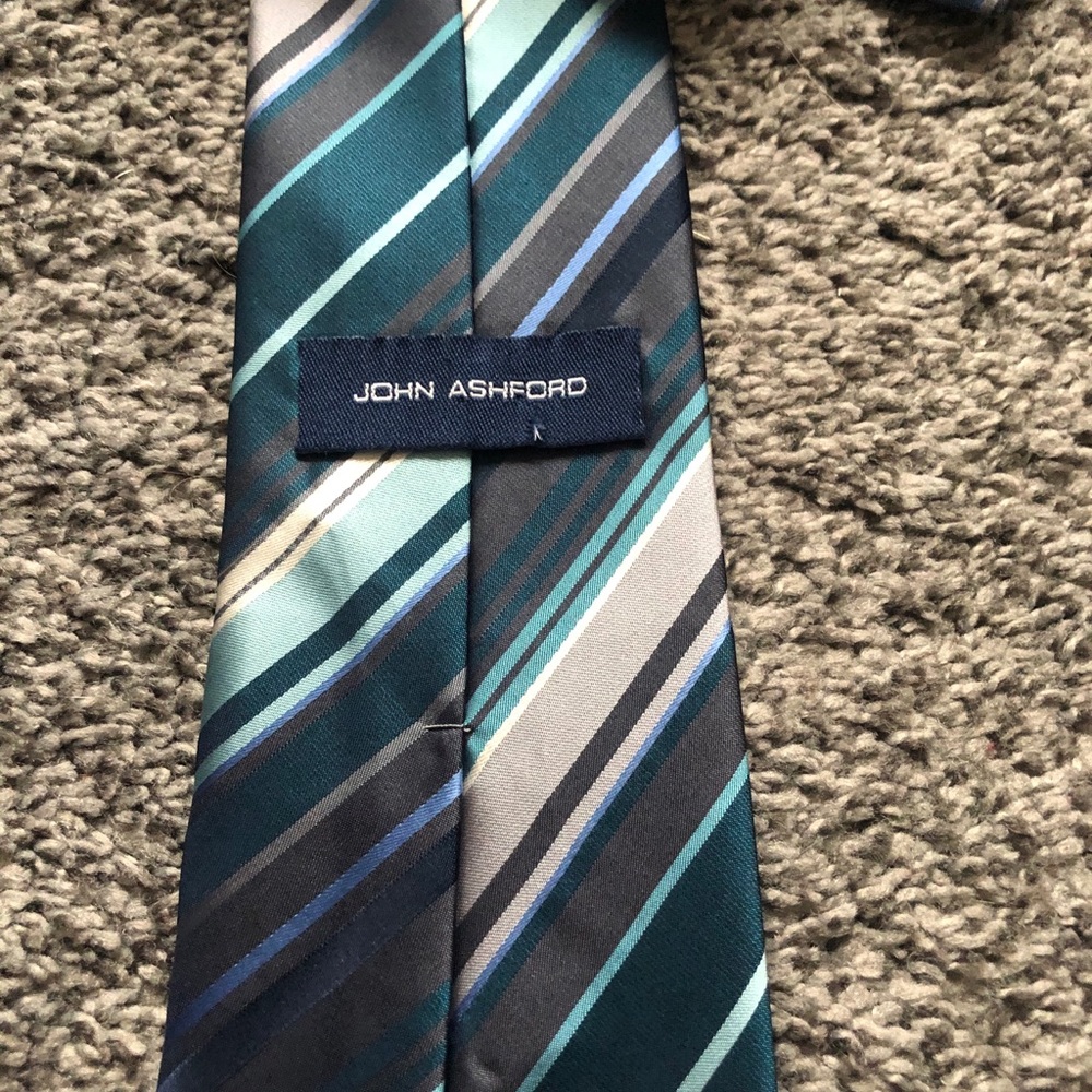 John Ashford Men’s Teal Blue Gray Striped Dress Necktie - Picture 2 of 3